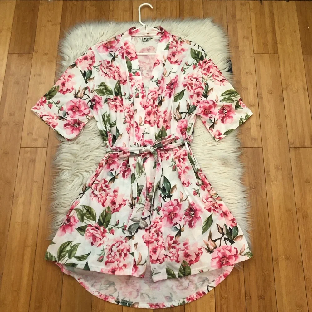 Show Me Your Mumu Pink Roses Floral Prints White Open Front Robe Lounge Wear OS
